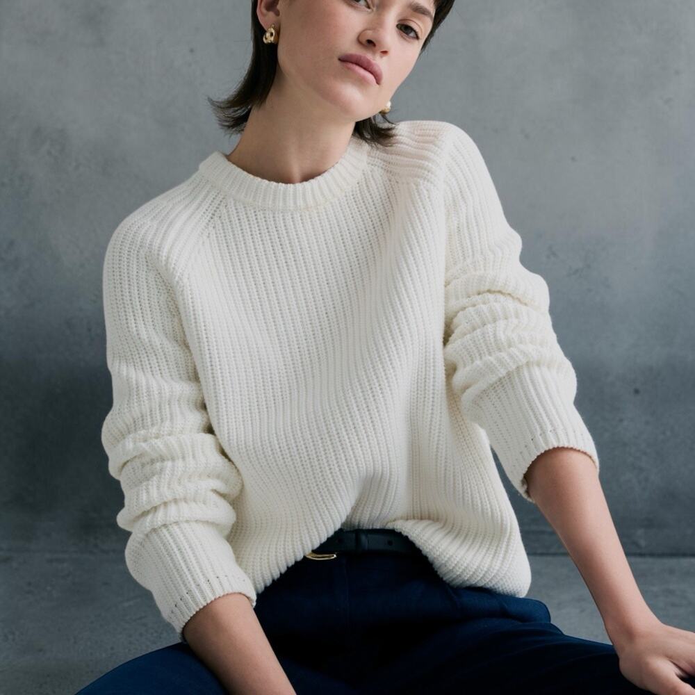 Quince 100% Organic Cotton Fisherman Shaker Crew Neck Sweater Ivory White XL